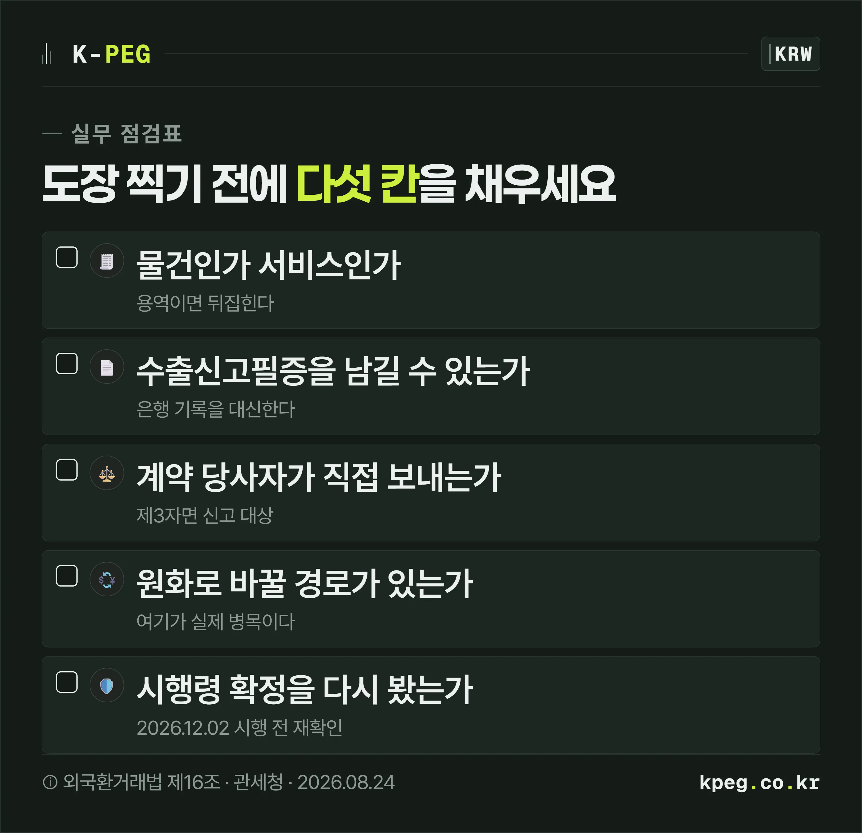 수출대금을 코인으로 받기 전에 확인할 항목 점검표. 재화인지 용역인지 확인, 수출신고필증 확보, 계약 당사자 직접 수령, 원화 환전 경로 사전 확보, 시행령 확정 여부 재확인 다섯 항목이다.