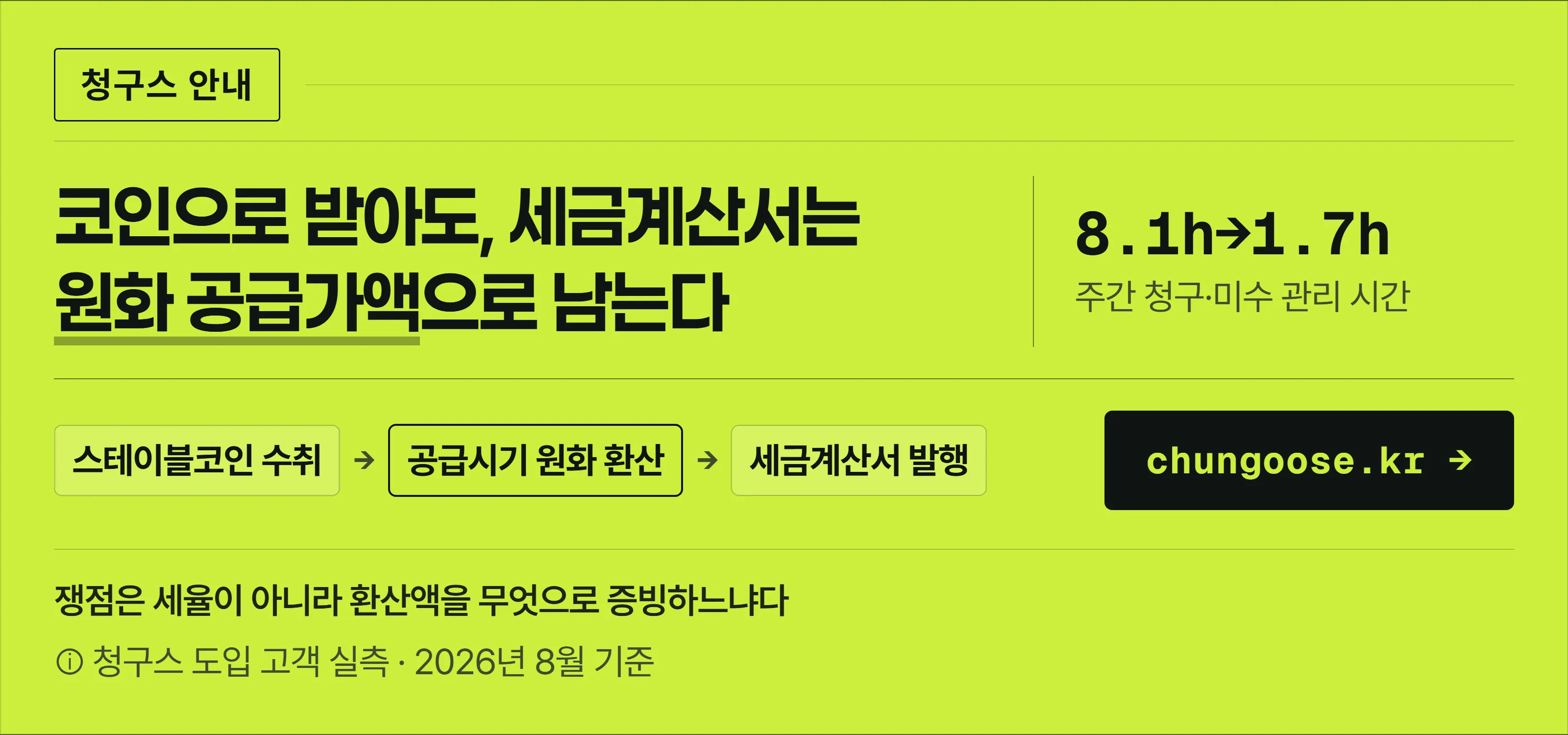 청구스 안내 배너 — 「코인으로 받아도, 세금계산서는 원화 공급가액으로 남는다」. 스테이블코인 수취 → 공급시기 원화 환산 → 세금계산서 발행 3단계 흐름이고 가운데 환산 칸이 실무 쟁점.