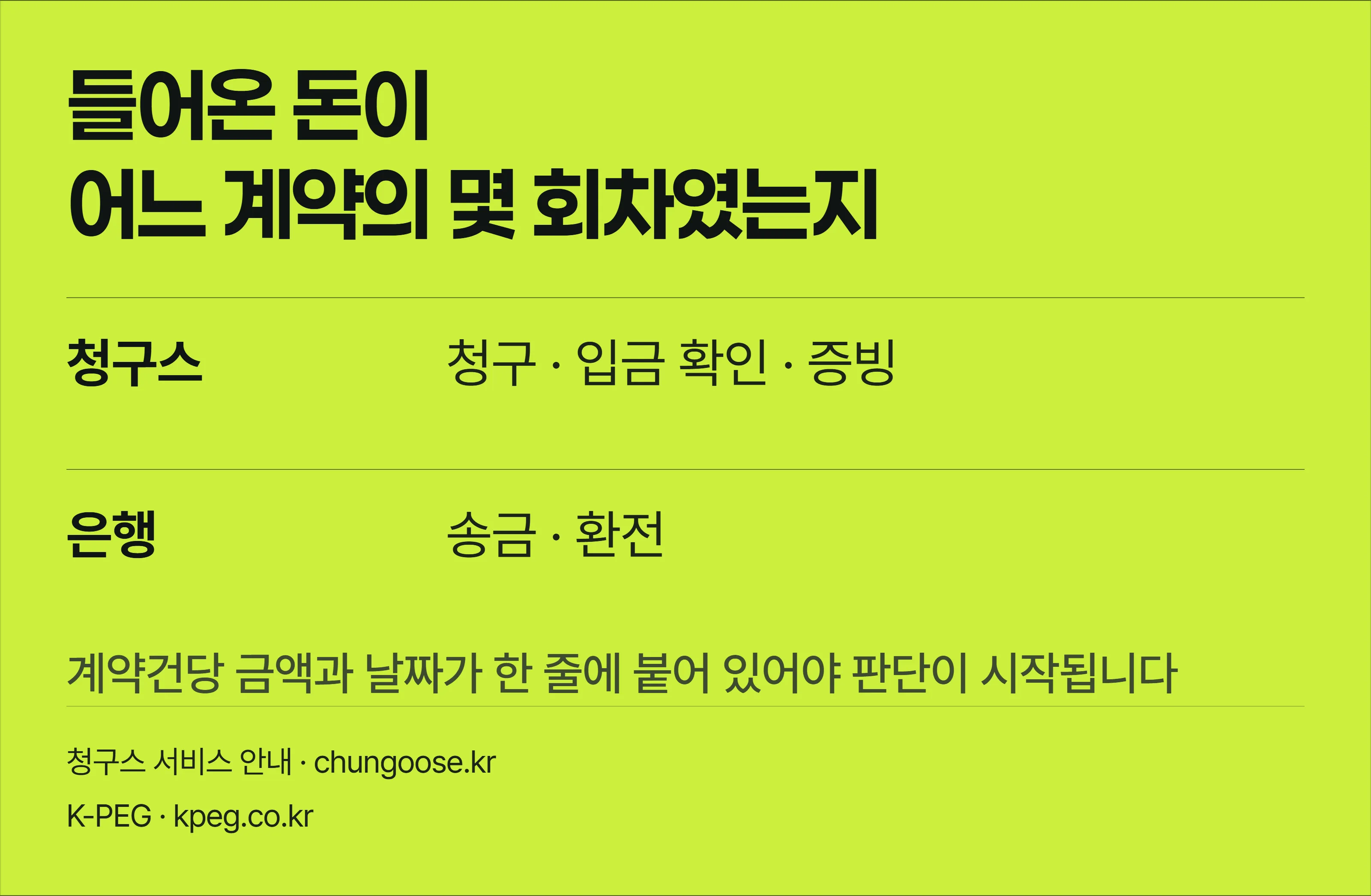 수출 계약의 회차별 청구 금액과 청구일, 입금 확인 시점이 한 줄에 붙어 남는 모습을 보여주는 청구스 안내 배너.