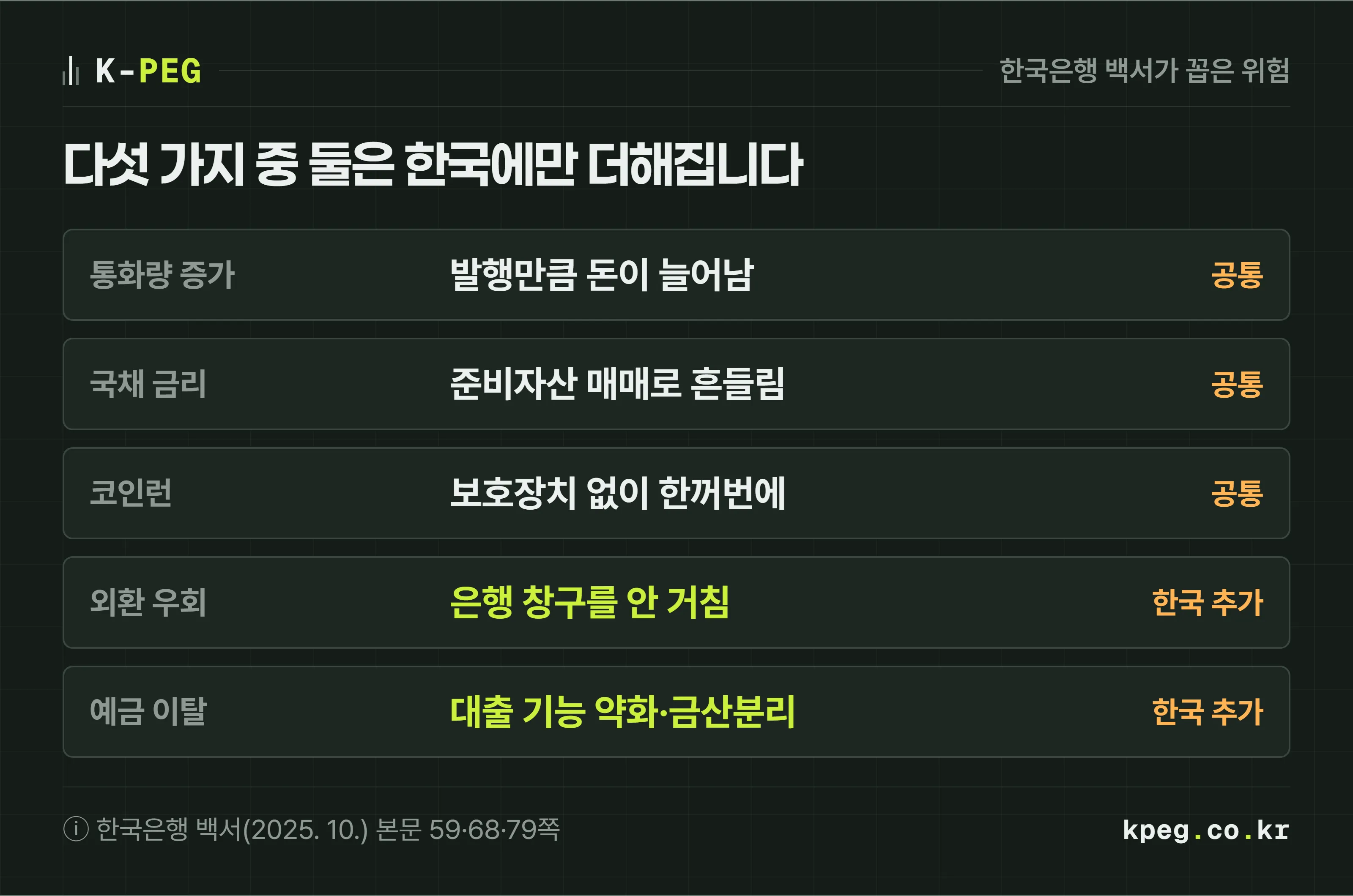 한국은행 백서가 꼽은 원화 스테이블코인 위험 다섯 가지를 표로 정리한 도식. 공통 위험으로 통화량 증가, 국채 금리 변동, 코인런 세 가지, 한국 추가 위험으로 외환·자본유출입 규제 우회, 예금 이탈과 금산분리 두 가지가 표시돼 있다.