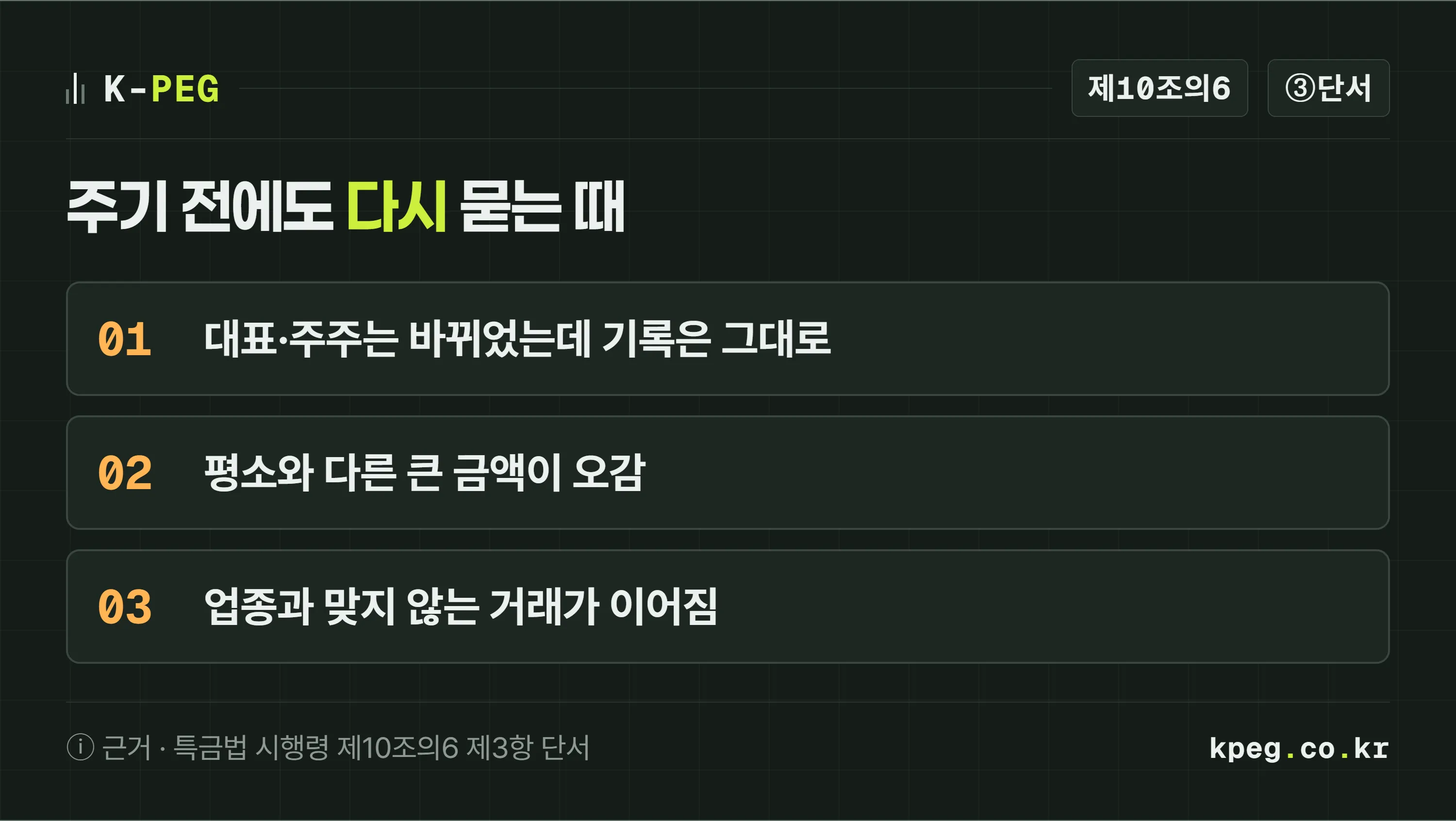 주기가 오기 전에도 고객확인을 다시 받는 세 가지 예. 대표이사나 주주가 바뀌었는데 기록은 옛날 그대로일 때, 평소와 다른 큰 금액이 오갈 때, 업종과 맞지 않는 거래가 이어질 때. 근거는 시행령 제10조의6 제3항 단서.