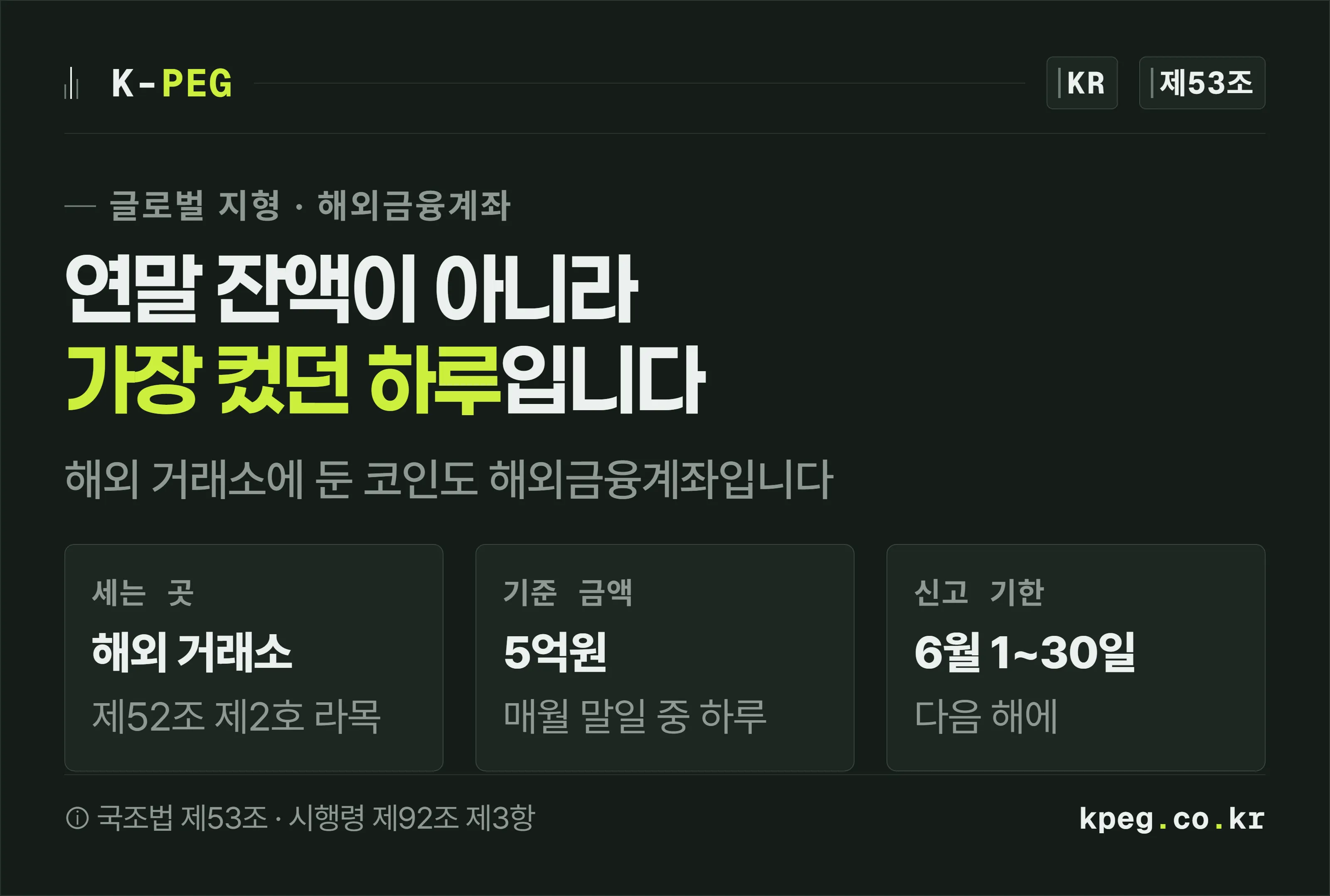 해외 거래소 코인은 해외금융계좌, 기준은 5억원, 판정은 매월 말일 중 하루라는 세 가지를 세 장의 카드로 보여주는 표지.