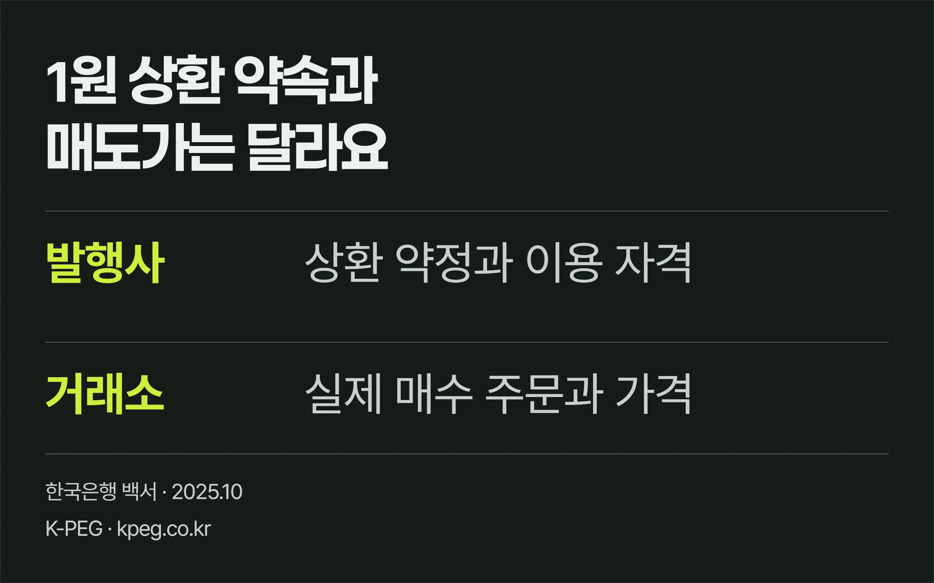 발행사의 1원 상환 약속과 거래소의 매도 가격을 구분하고, 이용 자격을 먼저 확인하도록 안내한 표지